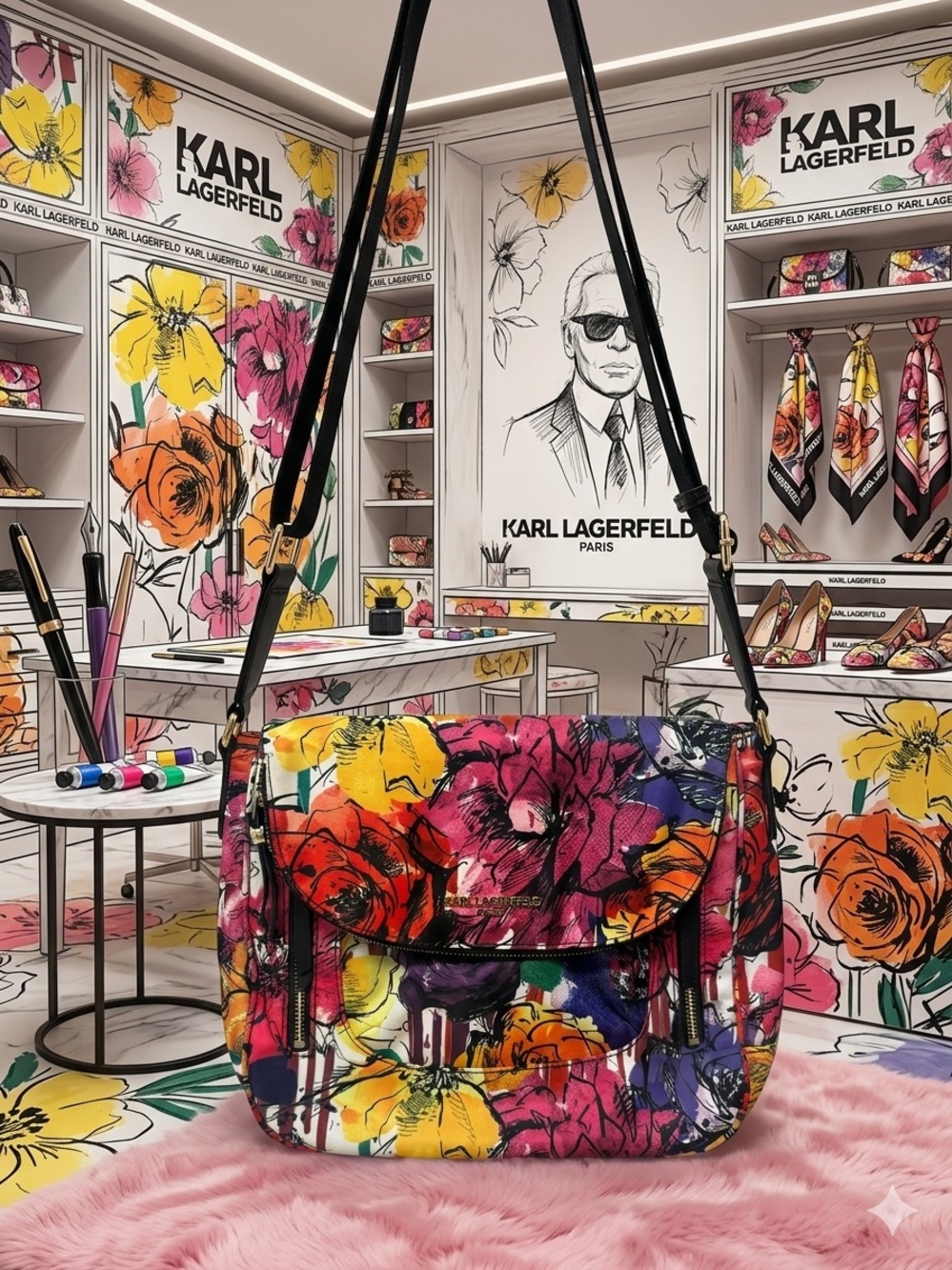 Karl Lagerfeld Floral Print Multicolor Crossbody Bag with Black Strap